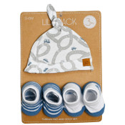 Wholesale - 3 Piece Blue and White Cars/Stripes Printed Set: 1 Knot Hat and 2 Pairs of Socks C/P 60, UPC: 195010074698